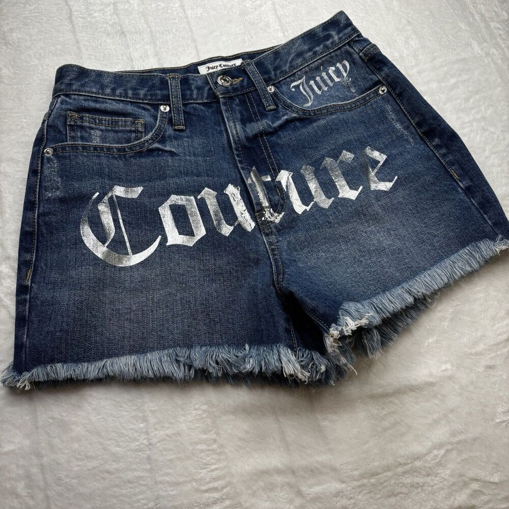 Y2K Juicy Couture Denim Cut Off  Shorts With RARE Silver Metallic Logo Size 27